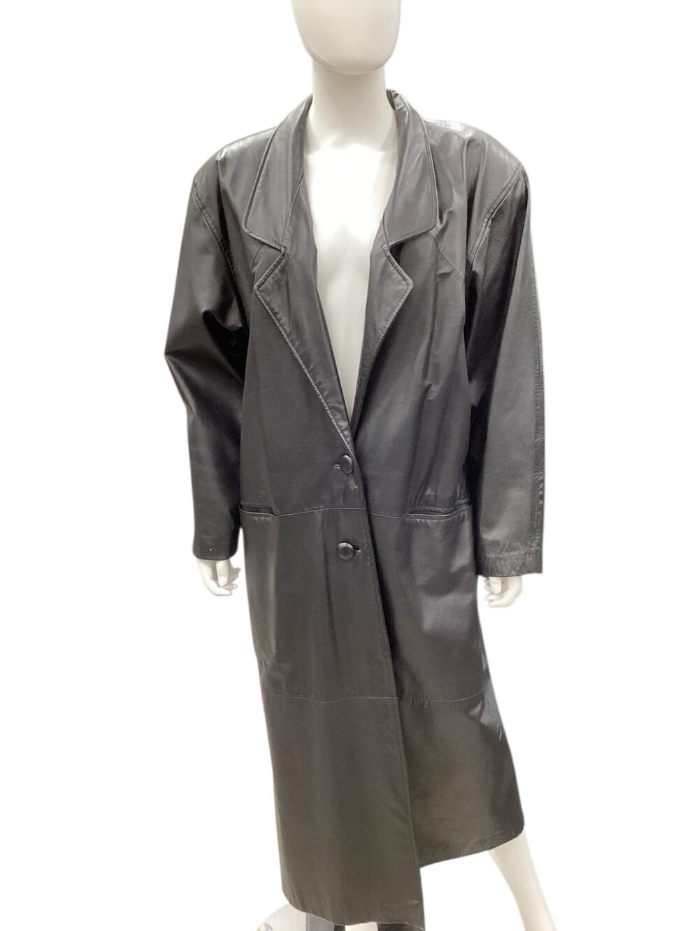 VTG Comint Coat Women’s Size M Leather Trench Deep V-Neck Lined Black Timeless!